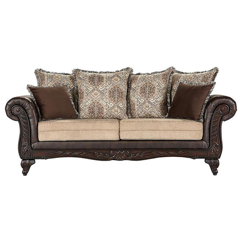 Elmbrook - Upholstered Rolled Arm Sofa Set With Intricate Wood