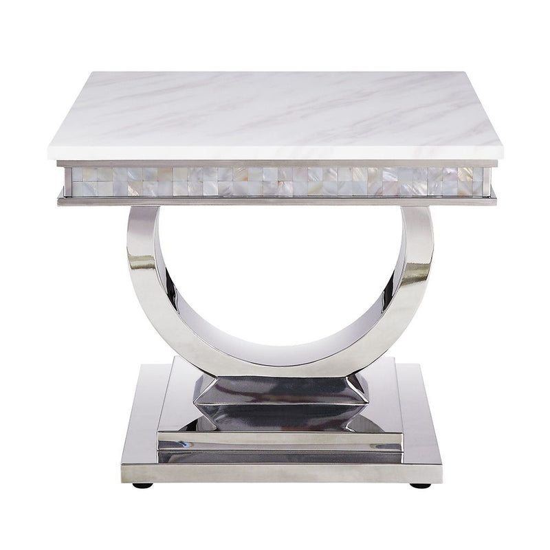Zander - End Table - White Printed Faux Marble Top & Mirrored Silver