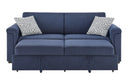 U0211 - Pull Out Sofa Bed With Wooden Bookcase Arm With LED Acrylic Shelves And Speakers - Navy
