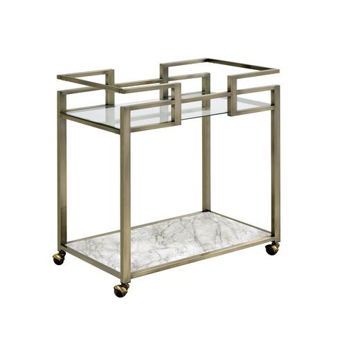 Neilo - Kitchen Cart - Clear Glass, Faux Marble & Wire Brass Finish