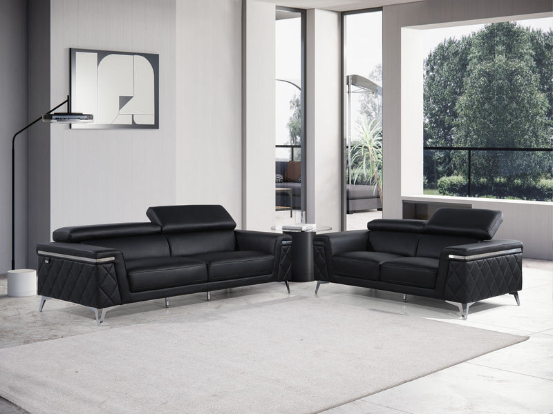 1140 - Top Grain Italian Leather Living Room Set - Black