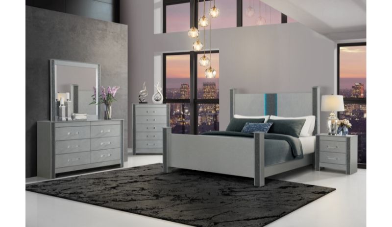 Logan - 4 Piece Full Bedroom Set (Full Bed With LED And Speakers, Dresser, Mirror And Nightstand) - Silver