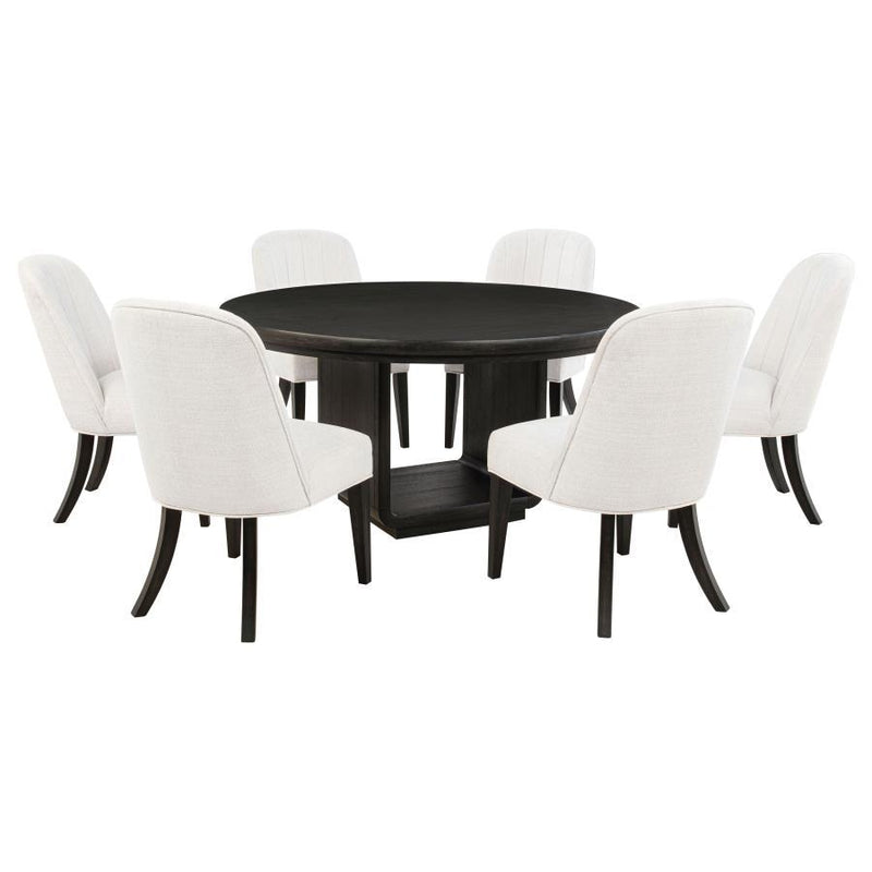 Leandro - 7 Piece Round Dining Table Set - Cream / Burnished Black