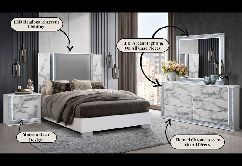 Ylime - 4 Piece King Bedroom Set (King Bed, Dresser, Mirror, Nightstand) - White Marble