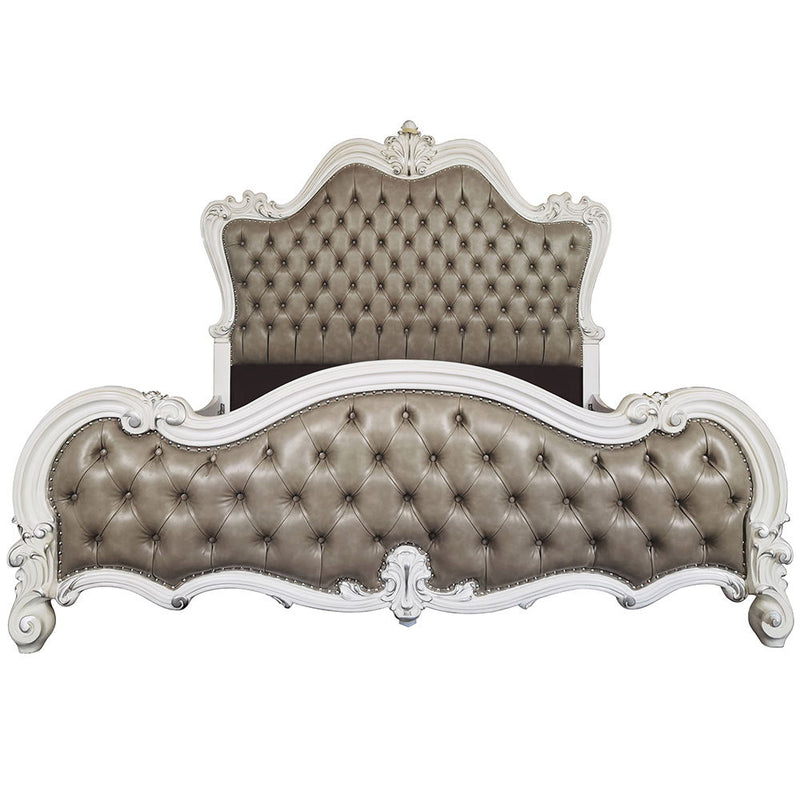 Versailles II - Queen Bed - Vintage Gray Synthetic Leather & Bone White
