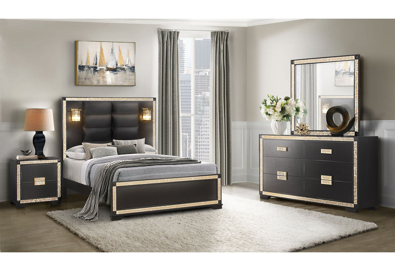 Blake - 4 Piece King Bedroom Set (King Bed With Lamps, Dresser, Mirror, Nightstand) - Black / Gold