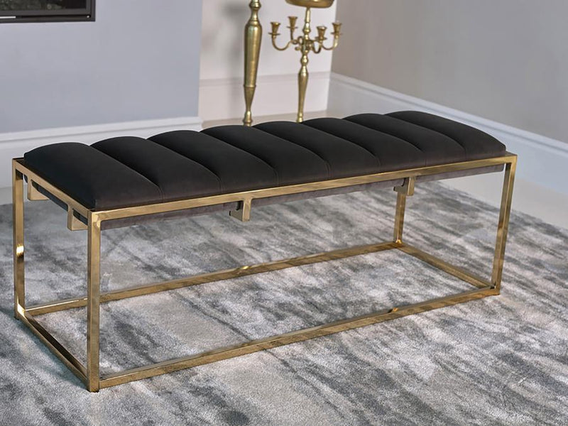 Lorena - Velvet Upholstered Bench - Dark Gray And Gold